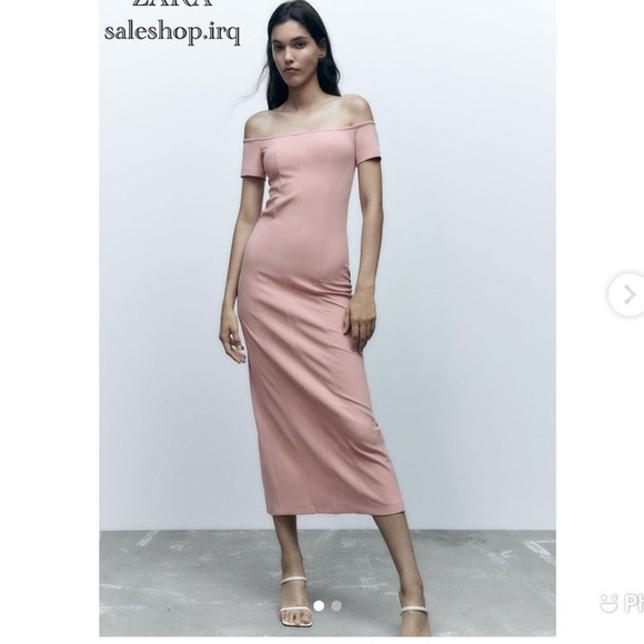 ZARA Off Shoulder TOPSTITCHED MIDI DRESS PALE PINK - Picture 11 of 13